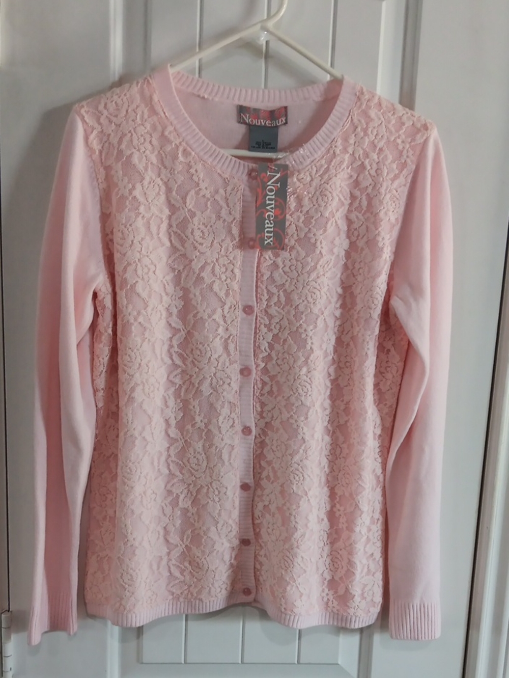Nouveaux Pink Lace Front Cardigan Sweater Crewneck Button Up - Women's Large NWT